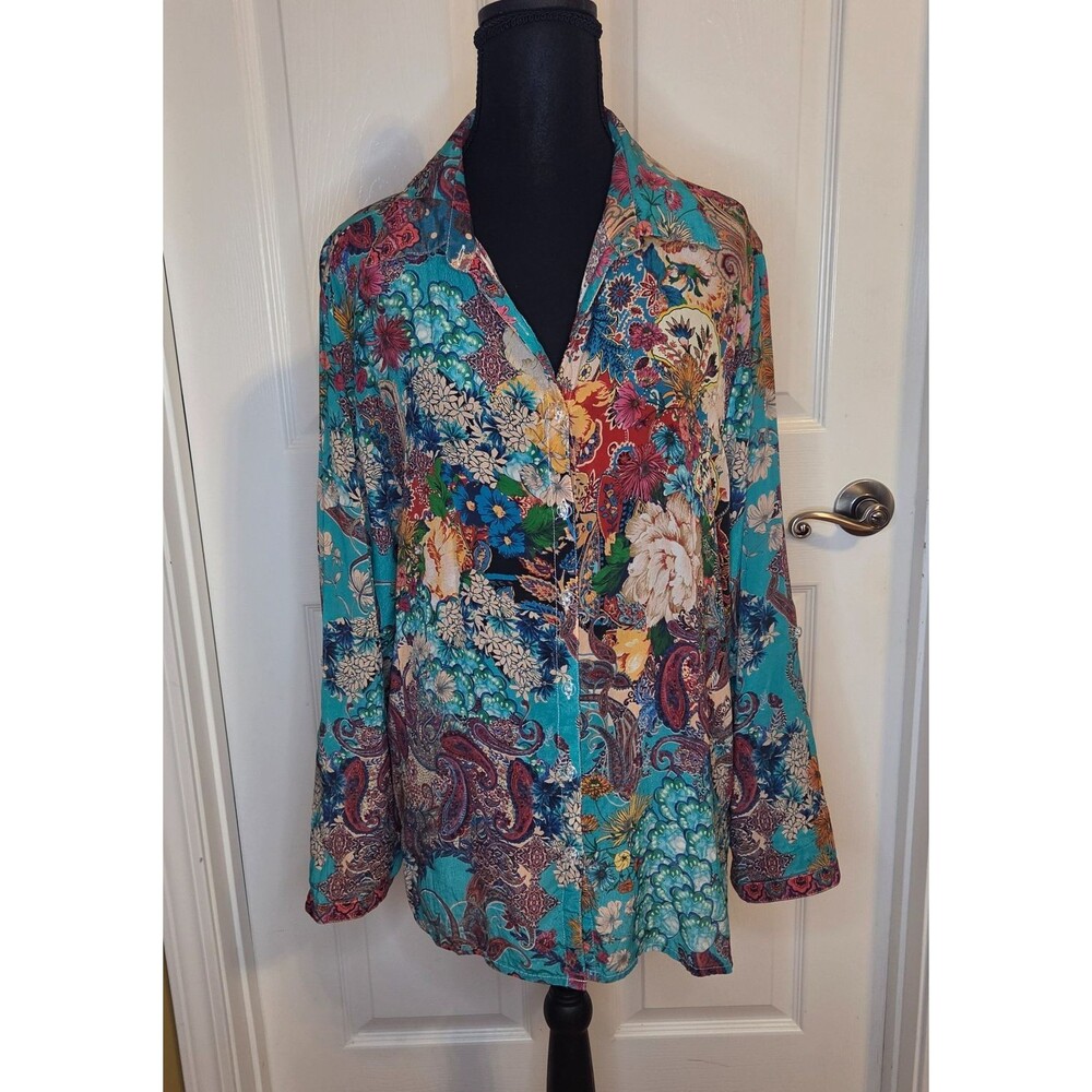 Shana Womens MEDIUM Silk Shirt Green Abstract Paisley Artsy Roll Tab Sleeve Top